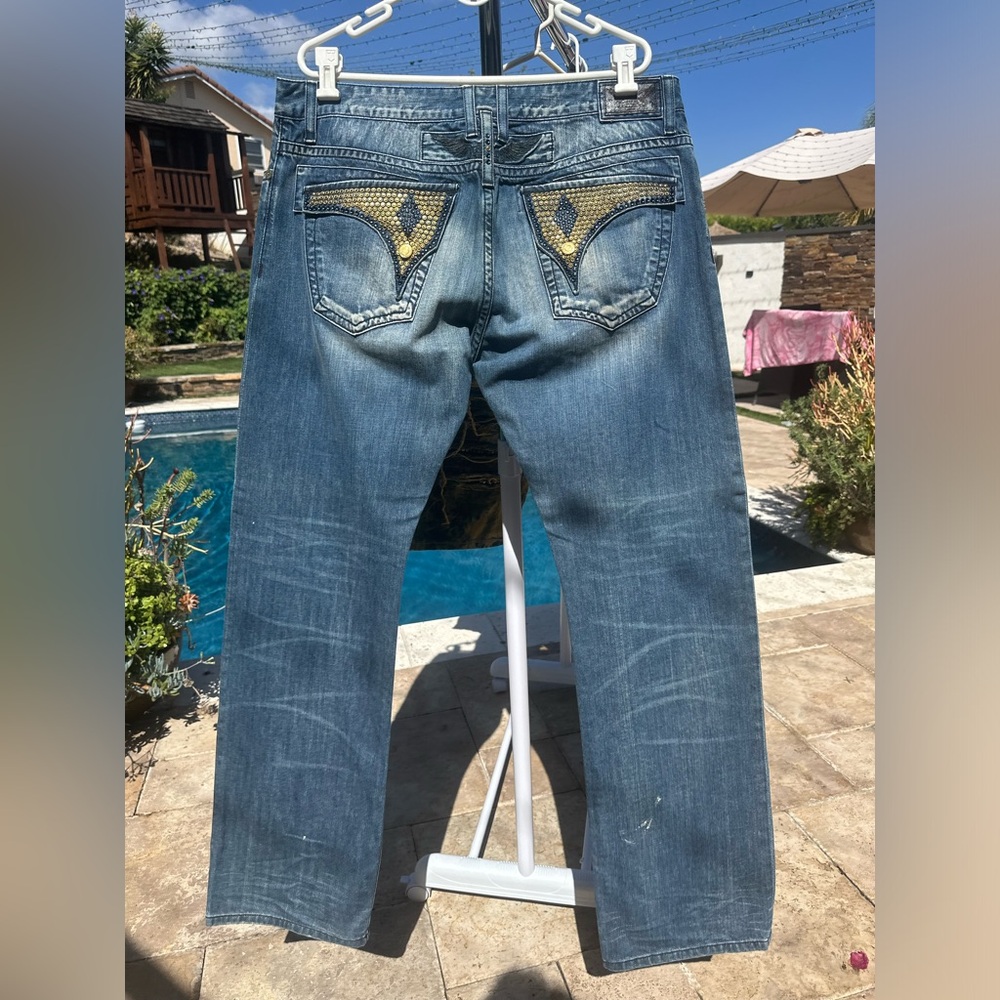 Robin's Jean Men's Blue Denim Jeans with Yellow Pocket Detail